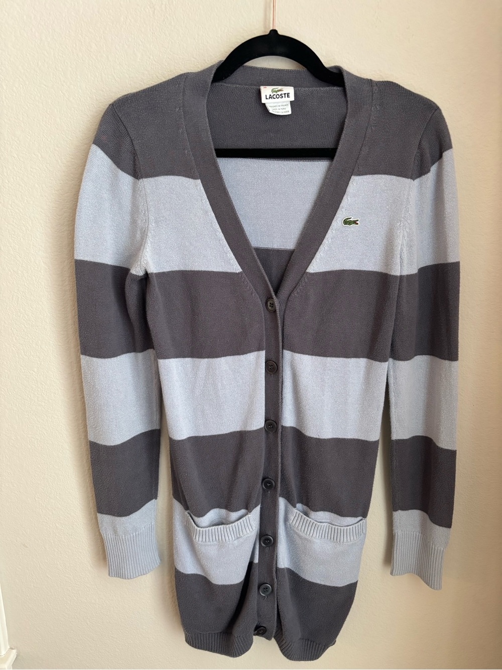Lacoste Women's Wide Stripe Button Cardigan in Gray and Light Gray